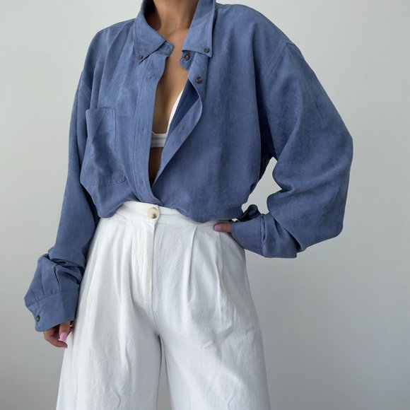 Vintage vegan suede button front shirt blue - Picture 3 of 11